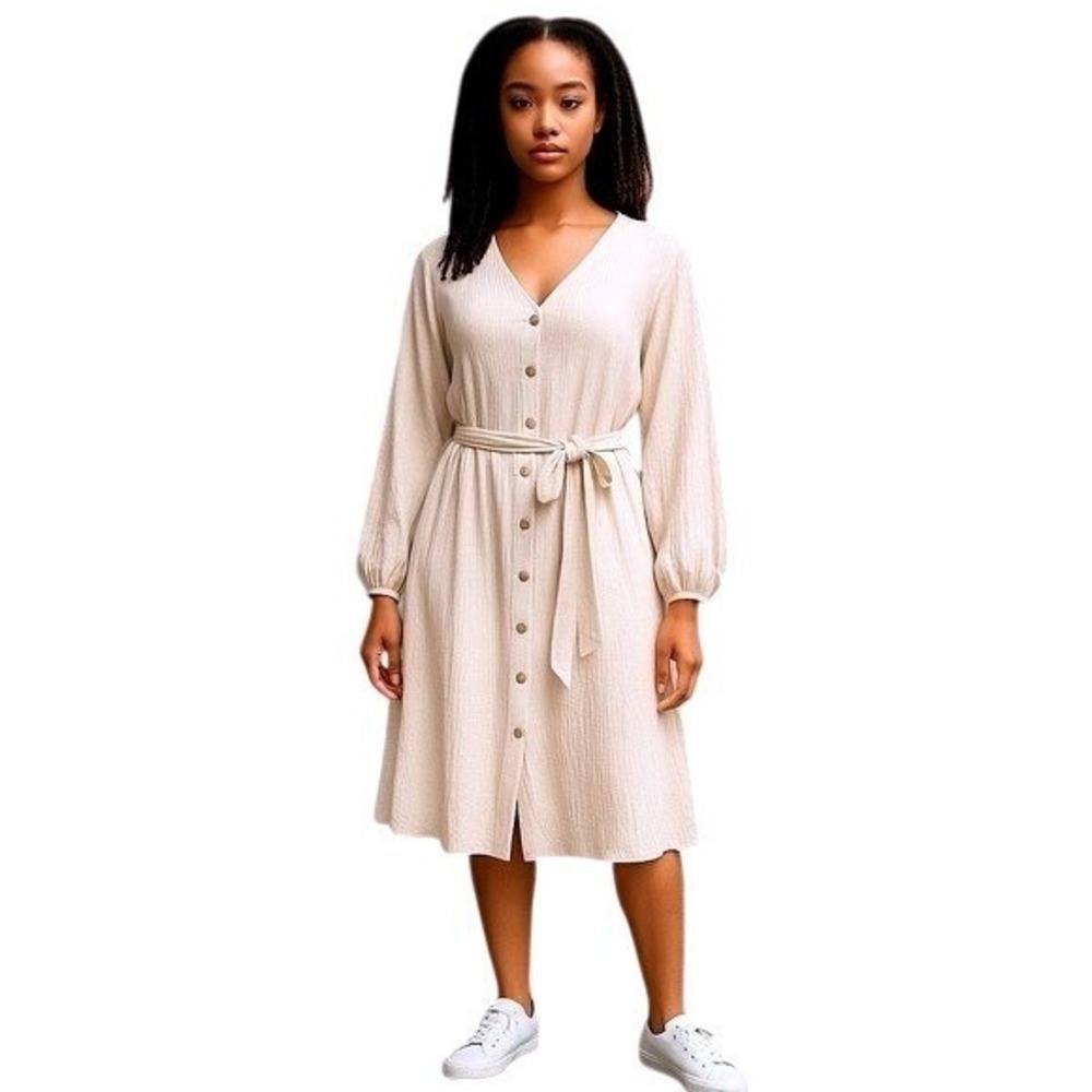 Calvin Klein Button Front Belted Midi Dress Size‎ 8 Beige Crinkle Gauze Boho